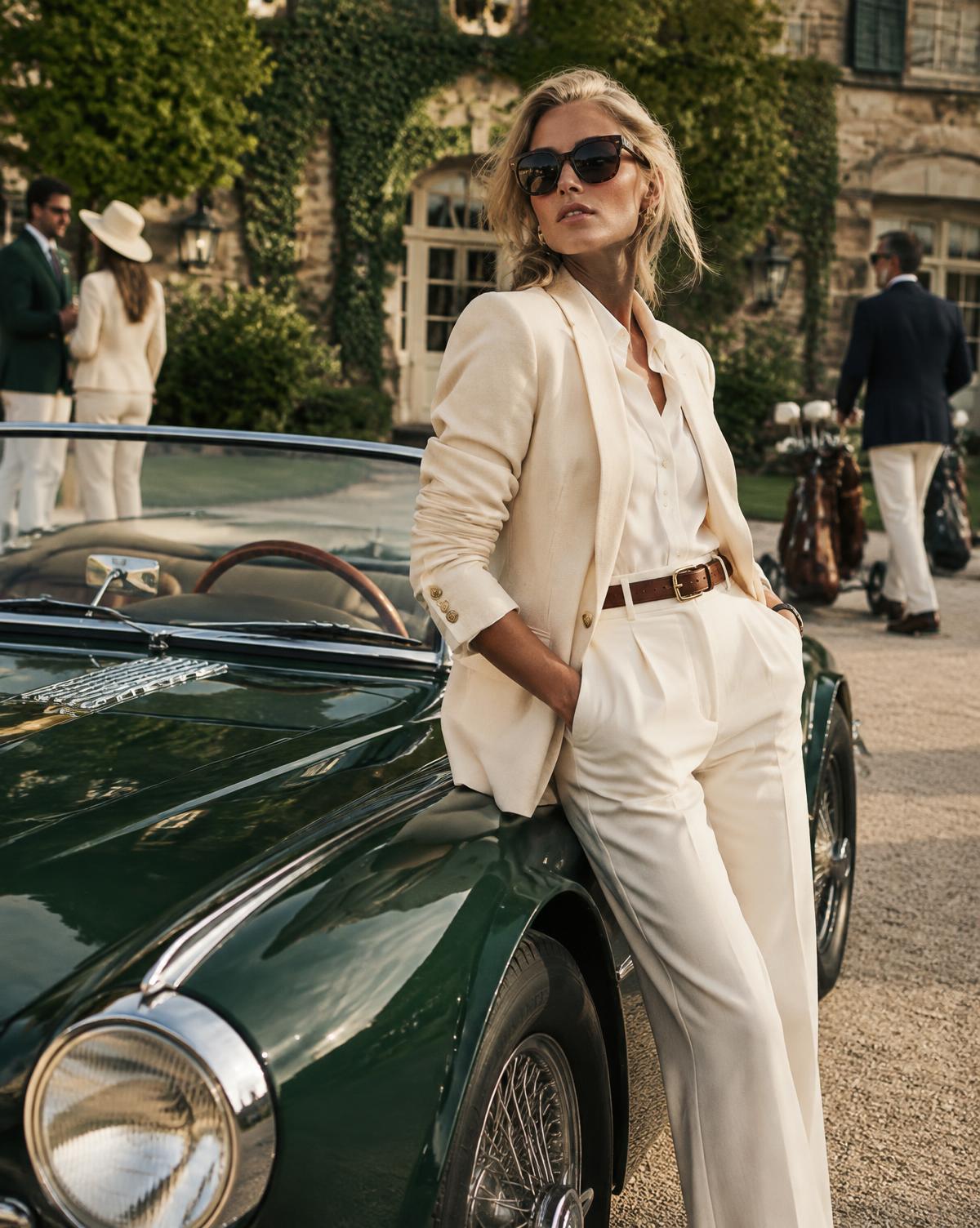 A blonde woman in a cream suit beside a racing-green roadster at a country club. Editorial model, not Becky Robinson.